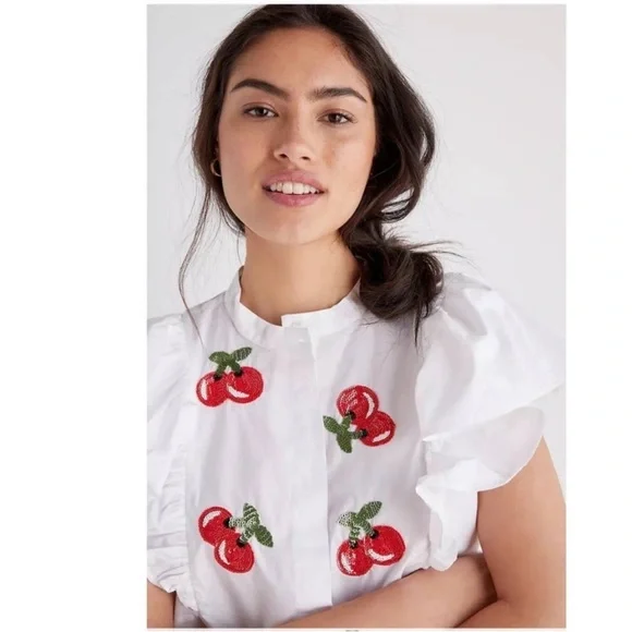 Anthropologie Dhruv Kapoor Cherries Sequin
Sleeveless Ruffled Button Blouse Top - Picture 2 of 9